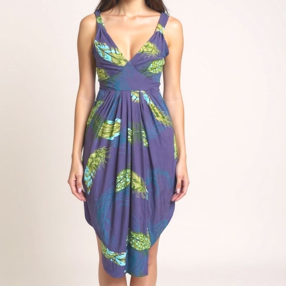 Karen Millen Purple Peacock Feather Print Pleated Draped Tulip Midi Dress 24W